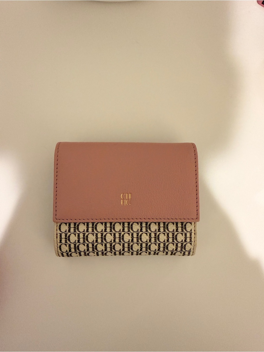 Carolina Herrera Pink and Beige Logo Canvas Trifold Wallet